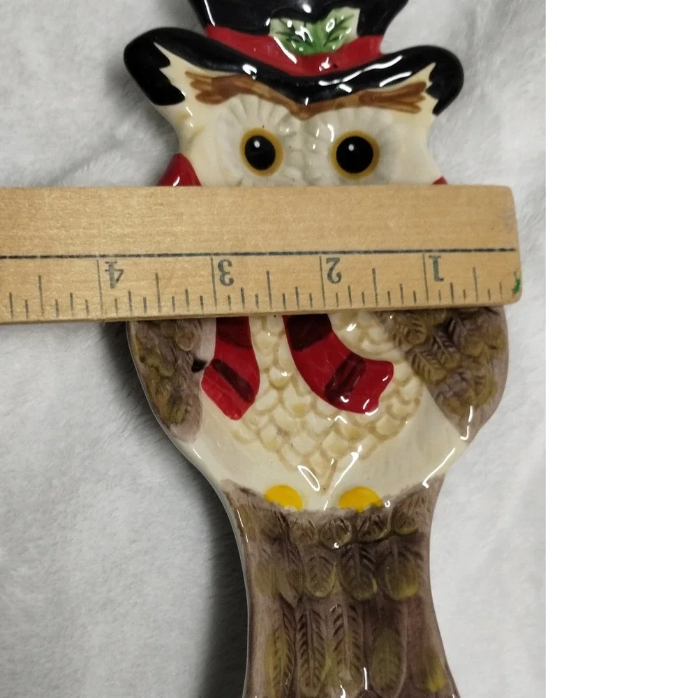 Cracker Barrel Owl‎ Spoon Rest Christmas Holiday Stoneware Top Hat Red Scarf